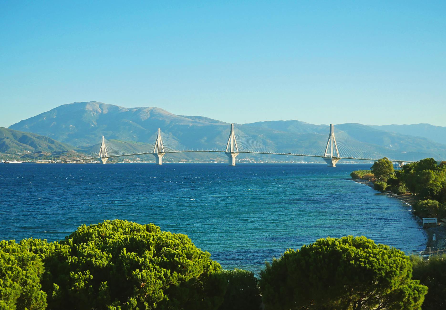 View of the Rion-Antirion Bridge over the Gulf of Corinth in Patras, Greece.