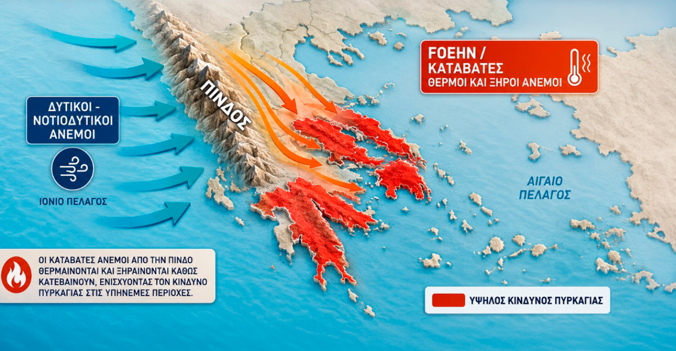 Καιρός: Άνεμοι Foehn φέρνουν 40άρια και κίνδυνο πυρκαγιάς — τι αλλάζει από Δευτέρα